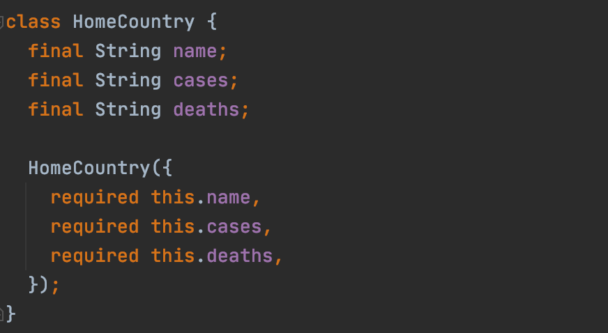 Dart HomeCountry class with non-nullable String fields and required constructor parameters.