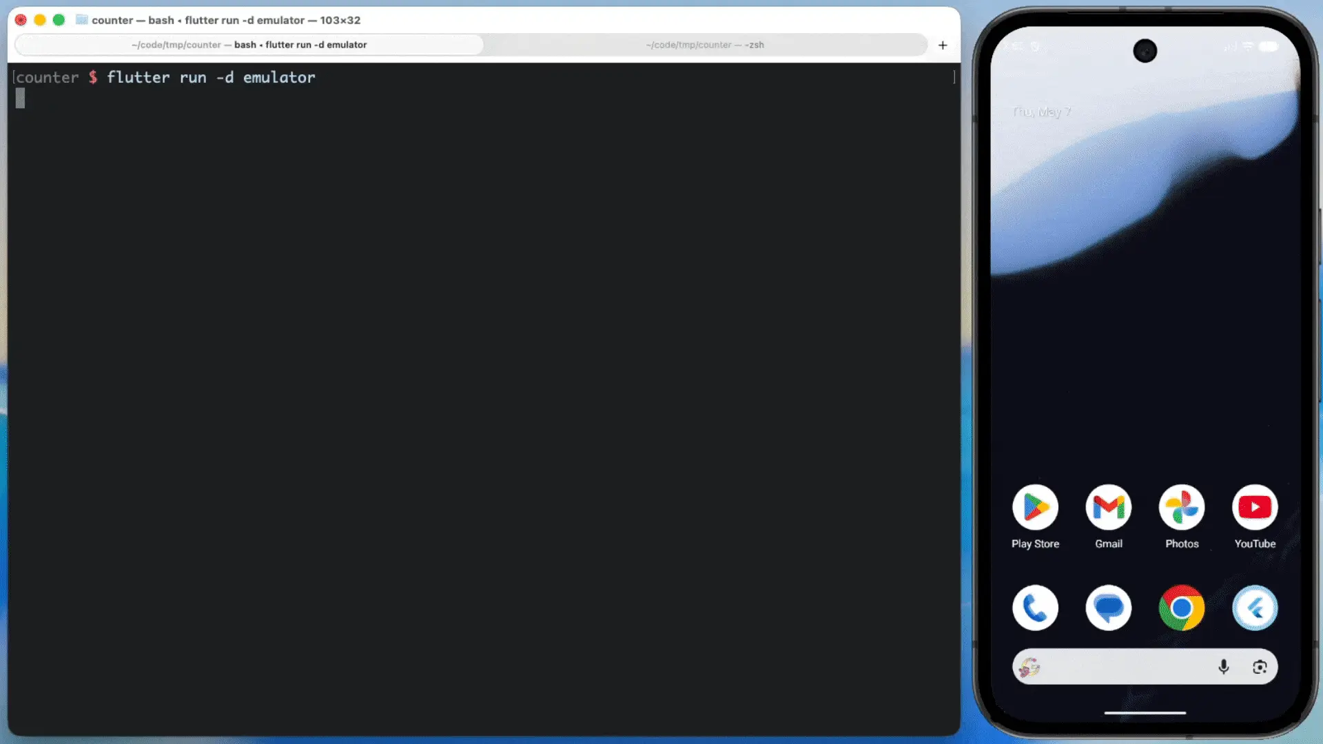 An animation demonstrating the Dart MCP server hot reloading a Flutter star counter app after the Gemini CLI changes the theme and star animation. The split-screen setup shows the driving macOS terminal on the left and the resulting Android emulator on the right.