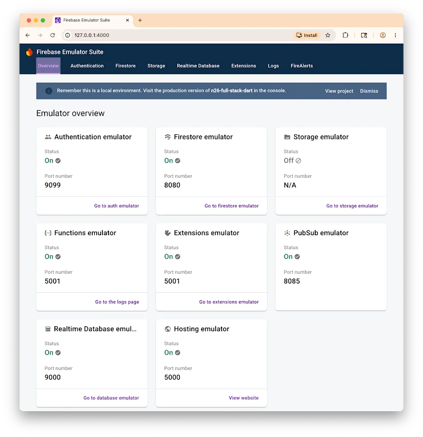 Firebase Local Emulator Suite UI in a web browser showing active emulators for Authentication, Firestore, and Functions, demonstrating a green status indicating that the local developer server is running and ready for end-to-end backend emulator testing.
